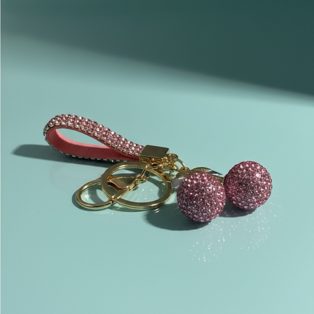 Pink Glitter Cherries Keychain with Gold Accents